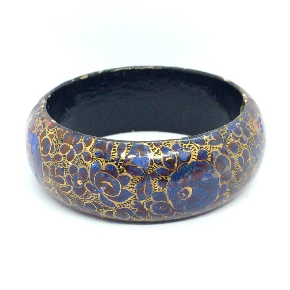 VINTAGE Lacquer Bangle Bracelet Papermache Blue Gold Floral Wide Bracelet AS IS